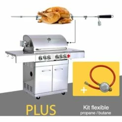 Barbecue à Gaz INOX 4 BRÛLEURS + 1 KIT RÔTISSOIRE (1 BRÛLEUR Infrarouge & TOURNEBROCHE)+ 1 Réchaud Et Thermomètre, 22KW, Grille/Plancha Inclus + Kit Flexibile - DÖNER GREADEN - Inox