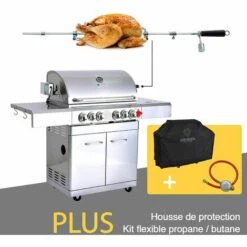 Barbecue à Gaz INOX 4 BRÛLEURS + 1 KIT RÔTISSOIRE (1 BRÛLEUR Infrarouge & TOURNEBROCHE)+ 1 Réchaud Et Thermomètre, 22KW,Grille/Plancha Inclus + Kit Flexibile + Housse - DÖNER GREADEN - Inox