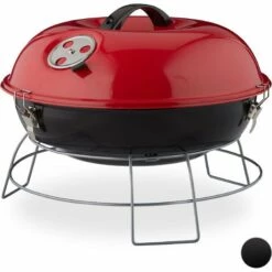 Relaxdays Barbecue Rond, Portable, Couvercle, Pique Nique, Grosse Surface De Cuisson,charbon De Bois D.36 Cm. Rouge