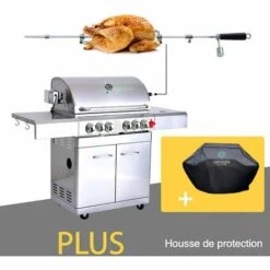 Barbecue à Gaz INOX 4 BRÛLEURS + 1 KIT RÔTISSOIRE (1 BRÛLEUR Infrarouge & TOURNEBROCHE)+ 1 Réchaud Et Thermomètre, 22KW,Grille/Plancha Inclus + Housse - DÖNER GREADEN - Inox