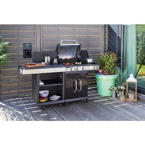 Barbecue Gaz 2 En 1 Fidgi - Grill Et Plancha - 3 Brûleurs - Thermomètre Capot - Puissance 11,5 Kw - Noir/Inox - Cook'In Garden 6 Barbecue Gaz 2 En 1 Fidgi - Grill Et Plancha - 3 Brûleurs - Thermomètre Capot - Puissance 11,5 Kw - Noir/Inox - Cook'In Garden – Image 4