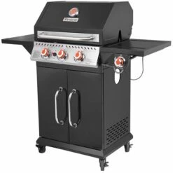 Brasero - Barbecue Perth Noir Brasero 3 Feux + 1 à Gaz - Jusqu'à 10 Convives - Surface De Cuisson 60 X 42 Cm - 2 Tablettes Dont 1 Avec Brûleur Latéral - Jauge De Température - 11,5 KW - Noir