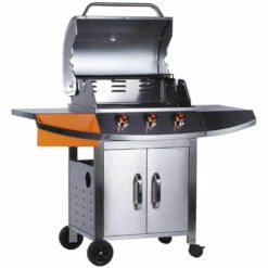 BRASERO - Barbecue Céleste 3 Feux à Gaz - Surface De Cuisson 63 X 47 Cm - 2 Tablettes En Inox - Jauge De Température - Récupérateur De Graisse - 11,4 KW - Jusqu'à 10 Convives - Gris