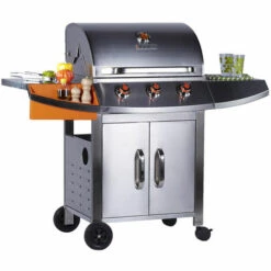 BRASERO - Barbecue Céleste 3 Feux à Gaz - Surface De Cuisson 63 X 47 Cm - 2 Tablettes En Inox - Jauge De Température - Récupérateur De Graisse - 11,4 KW - Jusqu'à 10 Convives - Gris -France Barbecue Soldes Boutique 18525957 3