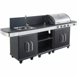 Barbecue Gaz - Grill Et Plancha - FIDGI 4 + Desserte + Evier - Cuisine D'extérieur - Cook'in Garden - Noir