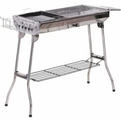 Outsunny Barbecue à Charbon Pliable Portable BBQ Grill Sur Pied Avec étagères + Grille + Plaque Cuisson Dim. 104L X 33l X 70H Cm Acier Inox. - Gris