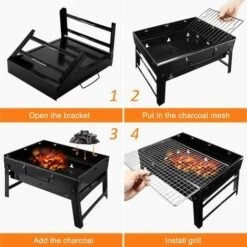 BEARSU Grill Barbecue, Portable Et Pliable Barbecue De Table Au Charbon De Bois Sans Fumée En Acier Inoxydable à L'Extérieur BBQ Pour Jardin Terrasse Pique-Nique Camping Voyage (36 X 29 X 7.5 Cm) -France Barbecue Soldes Boutique 25029436 4