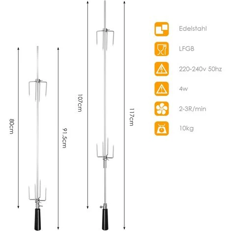 MVPOWER 107CM BBQ Tournebroche Avec Moteur 4W 220-240V 50Hz Électrique Automatique Rotatif En Acier Inoxydable Pour Grill Barbecue, Certification CE, LFGB, Argent 4 MVPOWER 107CM BBQ Tournebroche Avec Moteur 4W 220-240V 50Hz Électrique Automatique Rotatif En Acier Inoxydable Pour Grill Barbecue, Certification CE, LFGB, Argent – Image 2