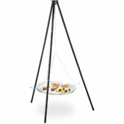 Relaxdays Barbecue Pivotant Avec Chaine De Traction, En Acier, Grillage De 52cm, Réglable En Hauteur, Trépied HxD:151