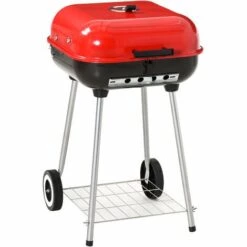 HOMCOM Barbecue à Charbon BBQ Grill Sur Pied Avec Couvercle Et Roulettes Dim. 47L X 45l X 70H Cm Acier émaillé Rouge