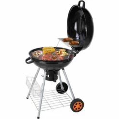 MVPOWER Barbecue à Charbon De Bois 22’’ Ø 57 Cm BBQ Grill Ronde En Émail Noir FUMOIR Smoker Mobile à Roulettes Système D'aération Avec Couvercle Réversible Et Thermomètre Intégré Pour Camping Au Jardin