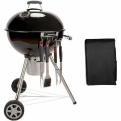 ALICE'S GARDEN Barbecue PREMIUM Charbon De Bois Ø57cm. Charles + Accessoires - Noir émaillé. Avec Grille Amovible. Aérateurs. Fumoir. Récupérateur De Cendres. Housse. Rack Et Ustensiles + Souffleur Offert - Noir