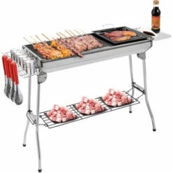 IKAYAA Gril De Barbecue En Acier Inoxydable Grand Menage Exterieur Pliable Portatif Gril A Charbon De Bois Avec Panier De Rangement De Plateau Poele A Frire -France Barbecue Soldes Boutique 34836529 2