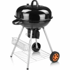 PEDY Barbecue à Charbon De Bois 22’’ Ø 57 Cm BBQ Grill Ronde En Émail Noir FUMOIR Smoker Mobile à Roulettes Système D'Aération Avec Couvercle Détachable Et Thermomètre Intégré Pour Camping Au Jardin