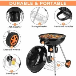 PEDY Barbecue à Charbon De Bois 22’’ Ø 57 Cm BBQ Grill Ronde En Émail Noir FUMOIR Smoker Mobile à Roulettes Système D'Aération Avec Couvercle Détachable Et Thermomètre Intégré Pour Camping Au Jardin -France Barbecue Soldes Boutique 35177923 3