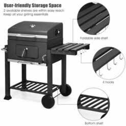 BIGZZIA Barbecue Grill - Barbecue Charbon De Bois à 2 Roues 2 Grilles Et 1 Thermomètre En Métal - Barbecue Au Charbon De Bois Avec Tablette Latérale Et Crochet Pour La Cuisine En Extérieur -France Barbecue Soldes Boutique 35689931 4