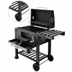 BIGZZIA Barbecue Grill - Barbecue Charbon De Bois à 2 Roues 2 Grilles Et 1 Thermomètre En Métal - Barbecue Au Charbon De Bois Avec Tablette Latérale Et Crochet Pour La Cuisine En Extérieur -France Barbecue Soldes Boutique 35689931 5