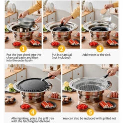 ASUPERMALL 13 Pouces Coréen Barbecue Grill Multifonctionnel Charbon De Bois Barbecue Gril Rond Camping Gril Cuisinière Table Fumeur Gril Grillé Net Et Plateau Pour Cour Pique-Nique Plage Barbecue, Argent -France Barbecue Soldes Boutique 42176481 5