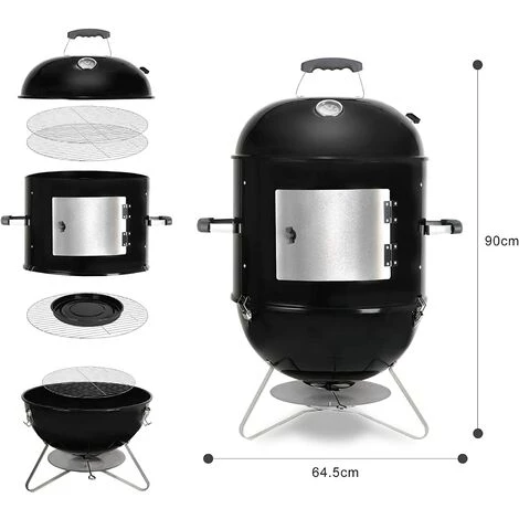 PEDY Barbecue Fumoir 18'' De Bois , Avec Bol D'eau, évacuation D'air Réglable, 3 Grilles Et Thermomètre, 64,5*47,5*90 Cm 5 PEDY Barbecue Fumoir 18'' De Bois , Avec Bol D'eau, évacuation D'air Réglable, 3 Grilles Et Thermomètre, 64,5*47,5*90 Cm – Image 3