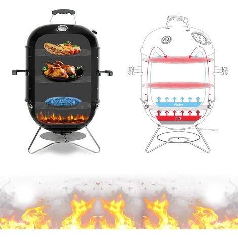 PEDY Barbecue Fumoir 18'' De Bois , Avec Bol D'eau, évacuation D'air Réglable, 3 Grilles Et Thermomètre, 64,5*47,5*90 Cm 6 PEDY Barbecue Fumoir 18'' De Bois , Avec Bol D'eau, évacuation D'air Réglable, 3 Grilles Et Thermomètre, 64,5*47,5*90 Cm – Image 4