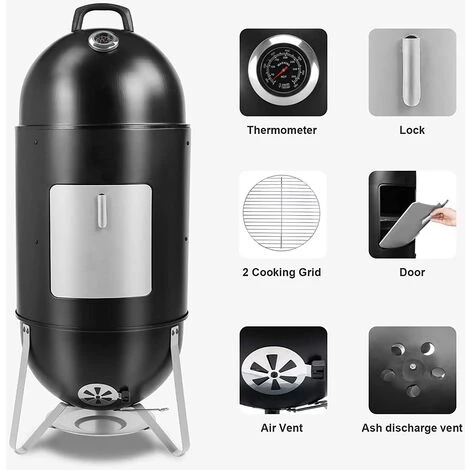 Gizcam Barbecue Fumoir 3-en-1 Avec Bol D'eau, 2 Grilles De Gril Et Thermomètre,46,5 X 46,5 X 117 Cm 4 Gizcam Barbecue Fumoir 3-en-1 Avec Bol D'eau, 2 Grilles De Gril Et Thermomètre,46,5 X 46,5 X 117 Cm – Image 2