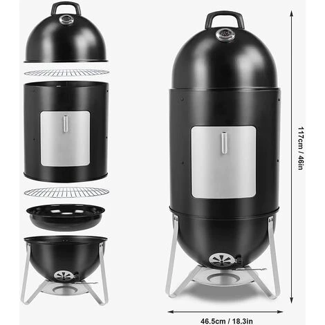 Gizcam Barbecue Fumoir 3-en-1 Avec Bol D'eau, 2 Grilles De Gril Et Thermomètre,46,5 X 46,5 X 117 Cm 5 Gizcam Barbecue Fumoir 3-en-1 Avec Bol D'eau, 2 Grilles De Gril Et Thermomètre,46,5 X 46,5 X 117 Cm – Image 3