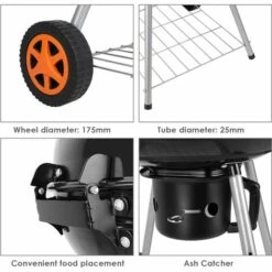 BAMNY Barbecue à Charbon De Bois 22’’ ? 57 Cm BBQ Grill Ronde En émail Noir FUMOIR Smoker Mobile à Roulettes Système D'aération Avec Couvercle Réversible Et Thermomètre Intégré Pour Camping Au Jardin -France Barbecue Soldes Boutique 44194358 3