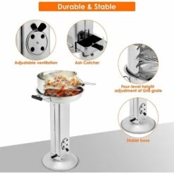 BAMNY Barbecue Sur Pied En Acier Inoxydable, Gril à Colonne, ? 39 Cm Gril à Charbon, Grille De Gril Réglable En Hauteur, Cendrier Et Régulateur De Ventilation, Avec Poignée, 52 * 43 * 84,5 Cm -France Barbecue Soldes Boutique 46605818 3