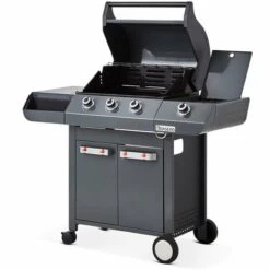 Brasero - Barbecue Emma Gun Metal 3 Feux + 1 Side - FlexiGrill - Jusqu'à 10 Convives - Surface De Cuisson 57 X 41,5 Cm - 2 Tablettes Dont 1 Brûleur Latéral - Housse De Protection - Gris Métallisé