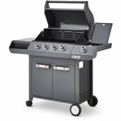 Brasero - Barbecue Emma Gun Metal 4 Feux + 1 Side - FlexiGrill - Jusqu'à 12 Convives - Surface De Cuisson 64 X 41,5 Cm - 2 Tablettes Dont 1 Brûleur Latéral - Housse De Protection - 15,1 KW - Gris Métallisé