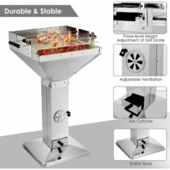 FIXKIT Barbecue à Charbon, Barbecue Sur Pied En Acier Inoxydable, Réglable En Hauteur, Avec Cendrier Et Régulateur De Ventilation, 63 * 48 * 91,5cm