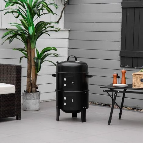 Outsunny Barbecue Fumoir Grill Braséro 3 En 1 - 2 Grilles De Cuisson, 2 Portes - Thermomètre, Aérateur - Ø 40 X 80H Cm - Acier Inox. Noir - Noir 4 Outsunny Barbecue Fumoir Grill Braséro 3 En 1 - 2 Grilles De Cuisson, 2 Portes - Thermomètre, Aérateur - Ø 40 X 80H Cm - Acier Inox. Noir - Noir – Image 2