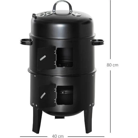 Outsunny Barbecue Fumoir Grill Braséro 3 En 1 - 2 Grilles De Cuisson, 2 Portes - Thermomètre, Aérateur - Ø 40 X 80H Cm - Acier Inox. Noir - Noir 5 Outsunny Barbecue Fumoir Grill Braséro 3 En 1 - 2 Grilles De Cuisson, 2 Portes - Thermomètre, Aérateur - Ø 40 X 80H Cm - Acier Inox. Noir - Noir – Image 3