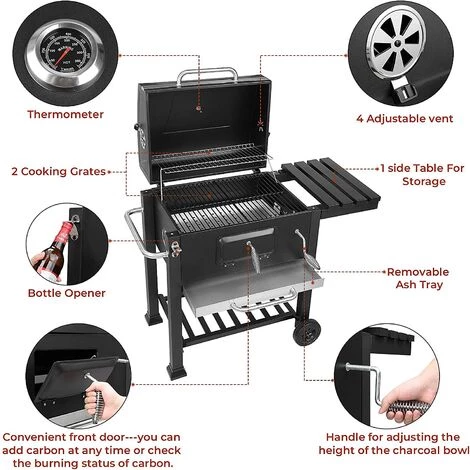 AICOK Barbecue Charbon De Bois à 2 Roues 2 Grilles Et 1 Thermomètre En Métal Noir 113x53,5x100 Cm 5 AICOK Barbecue Charbon De Bois à 2 Roues 2 Grilles Et 1 Thermomètre En Métal Noir 113x53,5x100 Cm â Image 3