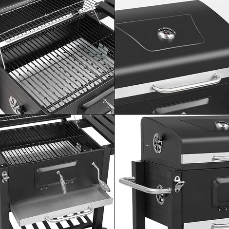 AICOK Barbecue Charbon De Bois à 2 Roues 2 Grilles Et 1 Thermomètre En Métal Noir 113x53,5x100 Cm 6 AICOK Barbecue Charbon De Bois à 2 Roues 2 Grilles Et 1 Thermomètre En Métal Noir 113x53,5x100 Cm â Image 4