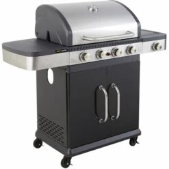 Barbecue Gaz 2 En 1 Fidgi - Grill Et Plancha - 4 Brûleurs - Thermomètre Capot - Puissance 14,5 Kw - Noir/Inox - Cook'In Garden