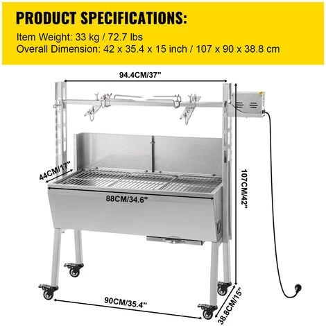 M-E Grill Rotatif Barbecue Charbon électrique Bbq Rôtissoire Acier Inox - 60 Kg, 25 W, Pour Un Usage Commercial & Domestique, Réglable En Hauteur 4 M-E Grill Rotatif Barbecue Charbon électrique Bbq Rôtissoire Acier Inox - 60 Kg, 25 W, Pour Un Usage Commercial & Domestique, Réglable En Hauteur – Image 2