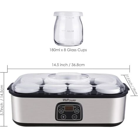 Homfa Yaourtière Électrique Avec Écran LCD, Avec Minuterie Jusqu'à 48 Heures, Récipient En Verre 8X180ml, Machine à Yaourt à Affichage LED, Arrêt Automatique, Acier Inoxydable, 30W 7 Homfa Yaourtière Électrique Avec Écran LCD, Avec Minuterie Jusqu'à 48 Heures, Récipient En Verre 8X180ml, Machine à Yaourt à Affichage LED, Arrêt Automatique, Acier Inoxydable, 30W – Image 5
