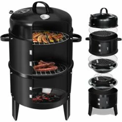 QDRECLOD Barbecue Fumoir, 3 En 1 Barbecue Smoker Avec Thermomètre, Multifonctions Fumoir A Froid, Grande Capacité Barbecues Charbon De Bois De Baril Fumoir Smoker Pour Fumoir Viande Et Poisson - Noir