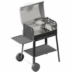 Ferraboli Barbecue Garda Au Charbon De Bois Grille Chromée 58 X 37cm Super équipé Avec Deux Roulettes + Couvercle En Acier Inoxydable End étagères