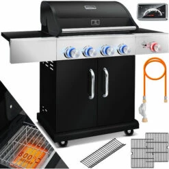 KESSER® Gril à Gaz Master BBQ Avec Thermomètre 800°C Infrarouge Et Gril, éclairage LED, Céramique 4+1 brûleurs En Acier Inoxydable XXL Chariot à Barbecue, Brûleur Latéral, Bouteille De Gaz 5-11 KG Allumage Piézoélectrique, Le Noir