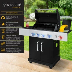 KESSER® Gril à Gaz Master BBQ Avec Thermomètre 800°C Infrarouge Et Gril, éclairage LED, Céramique 4+1 brûleurs En Acier Inoxydable XXL Chariot à Barbecue, Brûleur Latéral, Bouteille De Gaz 5-11 KG Allumage Piézoélectrique, Le Noir -France Barbecue Soldes Boutique 58107408 3