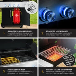 KESSER® Gril à Gaz Master BBQ Avec Thermomètre 800°C Infrarouge Et Gril, éclairage LED, Céramique 4+1 brûleurs En Acier Inoxydable XXL Chariot à Barbecue, Brûleur Latéral, Bouteille De Gaz 5-11 KG Allumage Piézoélectrique, Le Noir -France Barbecue Soldes Boutique 58107408 4