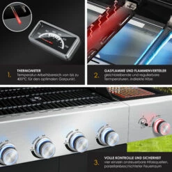 KESSER® Gril à Gaz Master BBQ Avec Thermomètre 800°C Infrarouge Et Gril, éclairage LED, Céramique 4+1 brûleurs En Acier Inoxydable XXL Chariot à Barbecue, Brûleur Latéral, Bouteille De Gaz 5-11 KG Allumage Piézoélectrique, Le Noir -France Barbecue Soldes Boutique 58107408 5