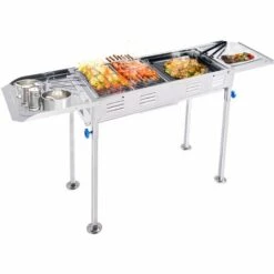 BIGZZIA Barbecue à Charbon Pliable Portable - BBQ Grill Sur Pied Avec étagères + Grille + Plaque Cuisson - Pour Camping 120 X 67 X 31 Cm