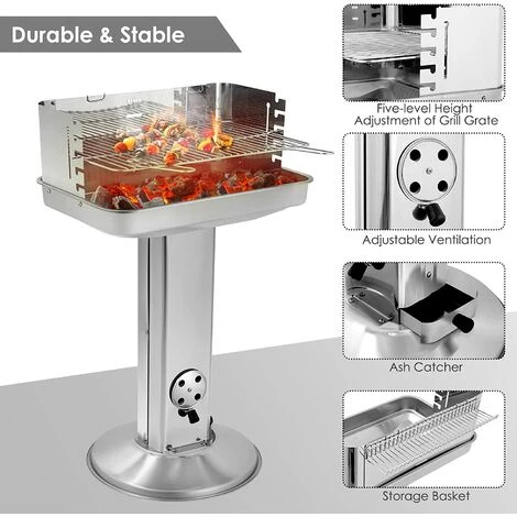 PESCE Barbecue Colonne, Barbecue à Charbon, Barbecue Sur Pied En Acier Inoxydable, Réglable En Hauteur, Avec Cendrier Et Régulateur De Ventilation, 57*38*89,5 Cm 5 PESCE Barbecue Colonne, Barbecue à Charbon, Barbecue Sur Pied En Acier Inoxydable, Réglable En Hauteur, Avec Cendrier Et Régulateur De Ventilation, 57*38*89,5 Cm – Image 3