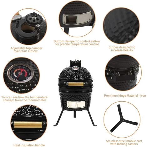 GREADEN KAMADO Ø 34 Cm Gril Barbecue Fumoir Céramique & Inox ,Thermomètre Inclus 32 X 32 X 39 Cm Pour 2 à 3 Personnes - Noir 6 GREADEN KAMADO Ø 34 Cm Gril Barbecue Fumoir Céramique & Inox ,Thermomètre Inclus 32 X 32 X 39 Cm Pour 2 à 3 Personnes - Noir – Image 4