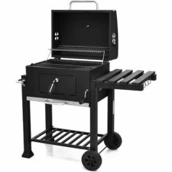 RELAX4LIFE Barbecue Au Charbon De Bois Réglable Avec Thermomètre Et Évent, Grill Barbecue Avec Étagère Latérale Et Crochets, Barbecue Mobile Avec Poignée Pour Jardin, Camping, 61 X 46 X 53,5 CM