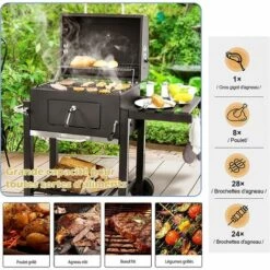 RELAX4LIFE Barbecue Au Charbon De Bois Réglable Avec Thermomètre Et Évent, Grill Barbecue Avec Étagère Latérale Et Crochets, Barbecue Mobile Avec Poignée Pour Jardin, Camping, 61 X 46 X 53,5 CM -France Barbecue Soldes Boutique 64130118 3