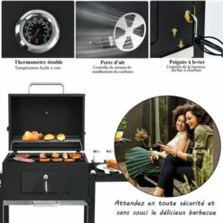 RELAX4LIFE Barbecue Au Charbon De Bois Réglable Avec Thermomètre Et Évent, Grill Barbecue Avec Étagère Latérale Et Crochets, Barbecue Mobile Avec Poignée Pour Jardin, Camping, 61 X 46 X 53,5 CM -France Barbecue Soldes Boutique 64130118 4